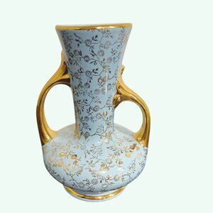 Vintage Baby Blue Vase Hand Decorated 22 KT GOLD floral vines Pearl China Co. US